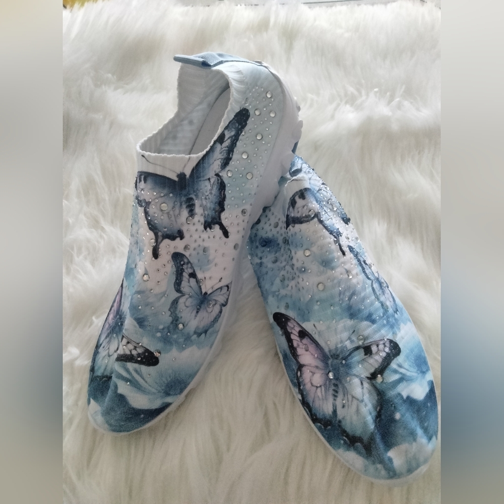 NWOT Whimsical Butterfly Slip-On Shoes – Artful Comfort with a Sparkling Twist